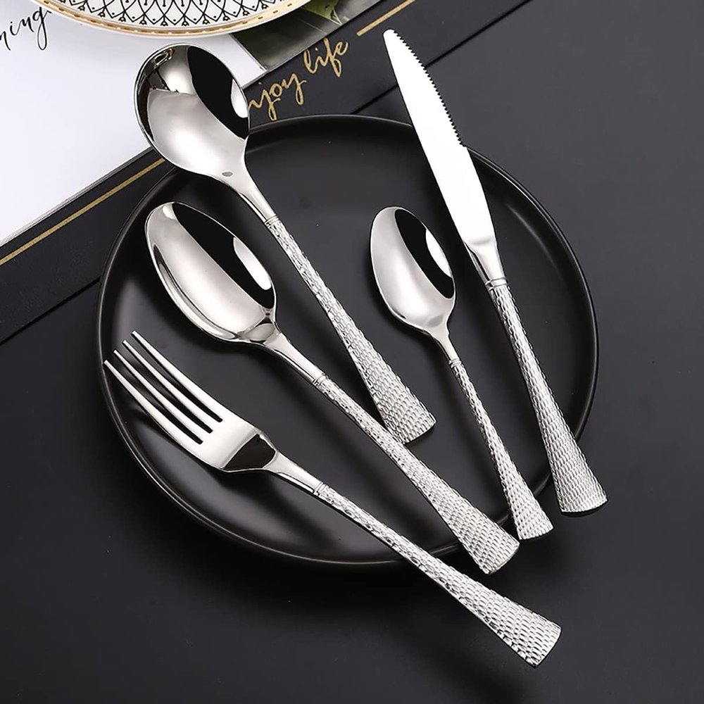 Halloween Essentials Cutlery Silverware Set 70 Piece Flatware Set for 14 Hammered Handle 18/8 Stainless Steel Christmas Family Gatherings include Forks Spoons Dinner Knives Teaspoons Set