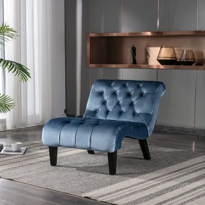 EEBUIHUI Armless Accent Chair, Upholstered Button Tufted Living Room Chairs with Wood Legs, Comfy Frosted Velvet Lounge Chair Reading Chair for Bedroom (Light Blue)