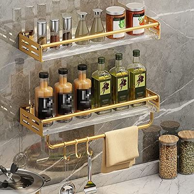 BAHELS Shower Caddy Shower Shelves Caddy, Bathroom Corner Shelf with Hooks, Towel bar Towel Shelf Wall Mounted Bathroom Organizer (Color : Gold, Size : 1 Layer 40CM)