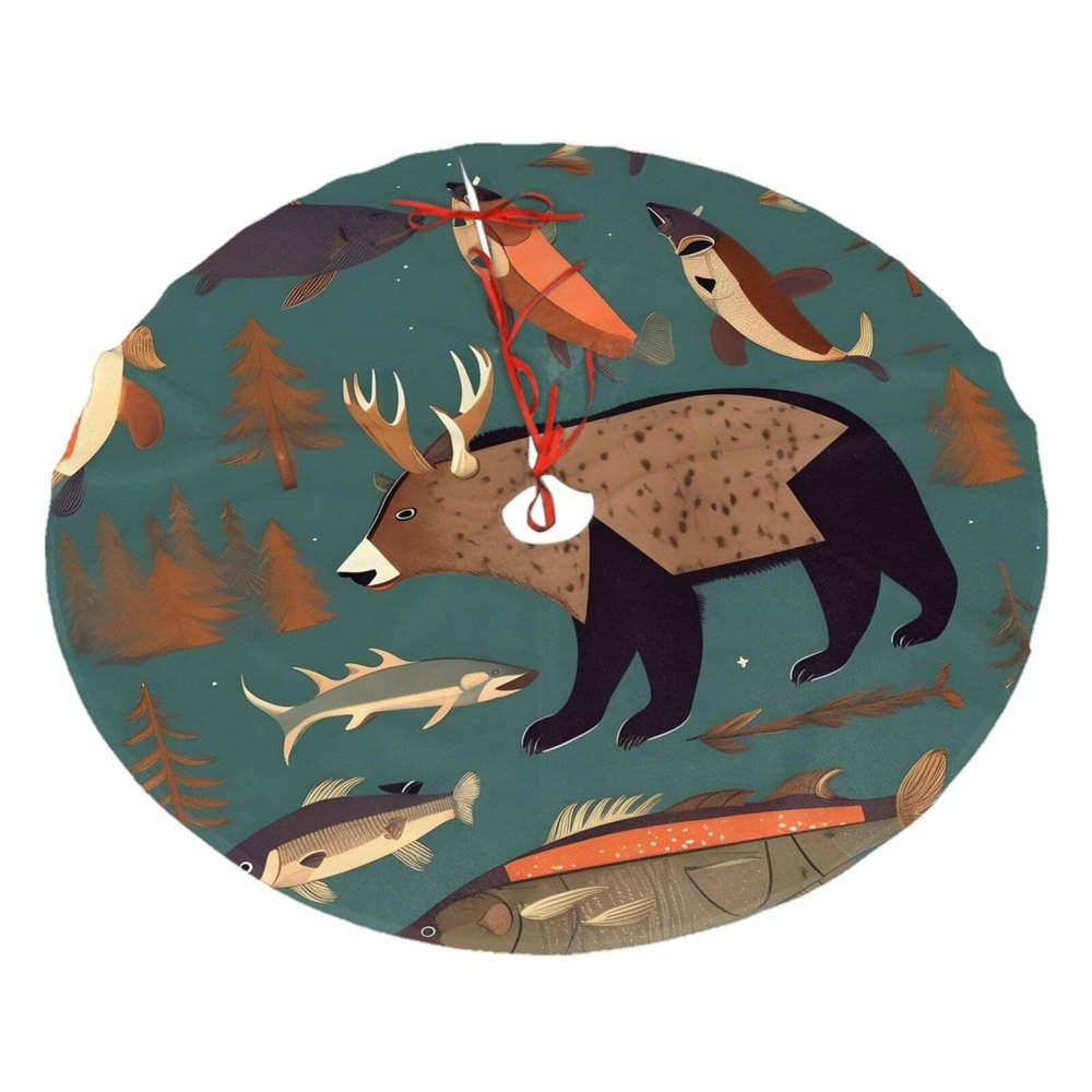 Lodge Bear Deer Fishes Christmas Tree Skirt for Xmas Holiday Party Decorations Gifts Funny Home Decor 48"
