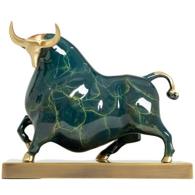 Brass Colorful Bull Figurine -11" Wall Street Bull Art Decor,Abstract Bronze Bull/Cow/Ox Figure Statues and Sculptures Home Office Decor (Green)