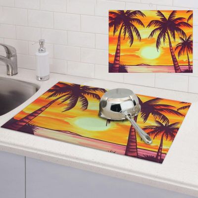Sunset palm tree Dish Drying Mat for Kitchen 18x24 inch Dish Drying Mats Super Absorbent Drying Mat for Kitchen Counter Drainer Mat Non-slip Coffee Mat Easy to Clean Kitchen Drying Mat