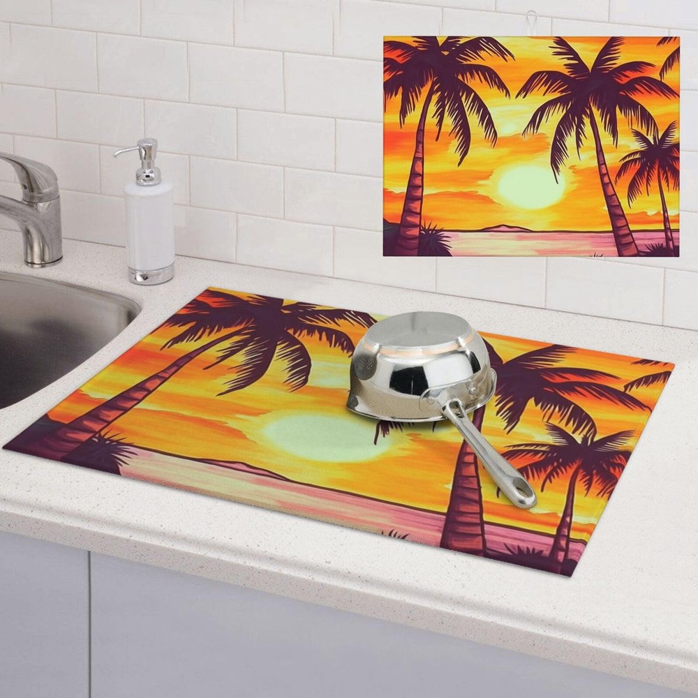 Sunset palm tree Dish Drying Mat for Kitchen 18x24 inch Dish Drying Mats Super Absorbent Drying Mat for Kitchen Counter Drainer Mat Non-slip Coffee Mat Easy to Clean Kitchen Drying Mat