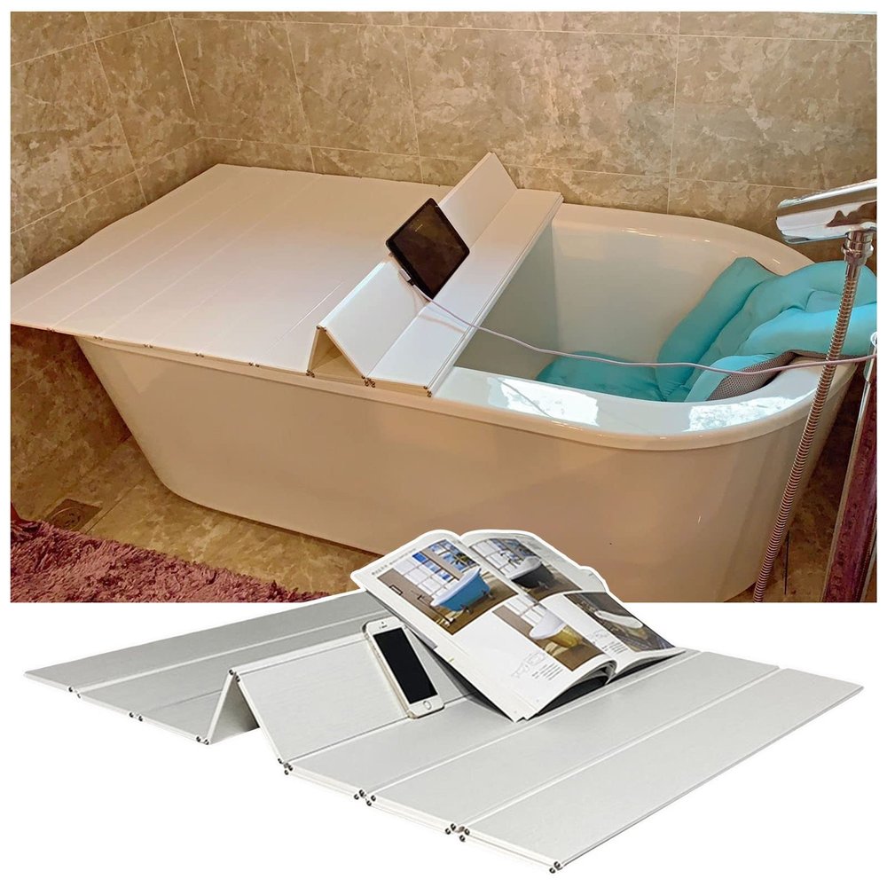 Bathtub Tray Bathtub Caddy Tray Folding Bathtub Cover, PVC Dust-Proof Board Insulation Cover, 0.6cm Thickness Multifunction Bath Tub Accessories Shutter Bath Lid, 22 Size Multifunctional (Color : WHI