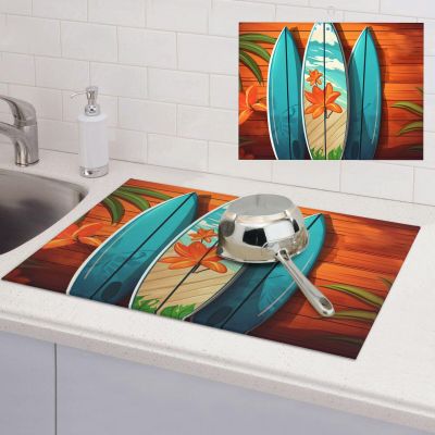 Surfboard on Wooden Dish Drying Mat for Kitchen 18x24 inch Dish Drying Mats Super Absorbent Drying Mat for Kitchen Counter Drainer Mat Non-slip Coffee Mat Easy to Clean Kitchen Drying Mat