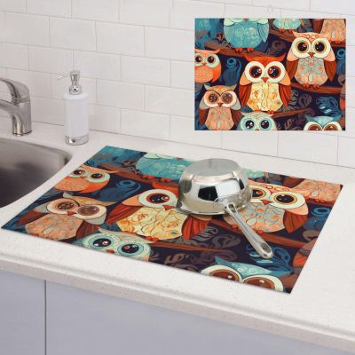 Anime Owl Dish Drying Mat for Kitchen 18x24 inch Dish Drying Mats Super Absorbent Drying Mat for Kitchen Counter Drainer Mat Non-slip Coffee Mat Easy to Clean Kitchen Drying Mat