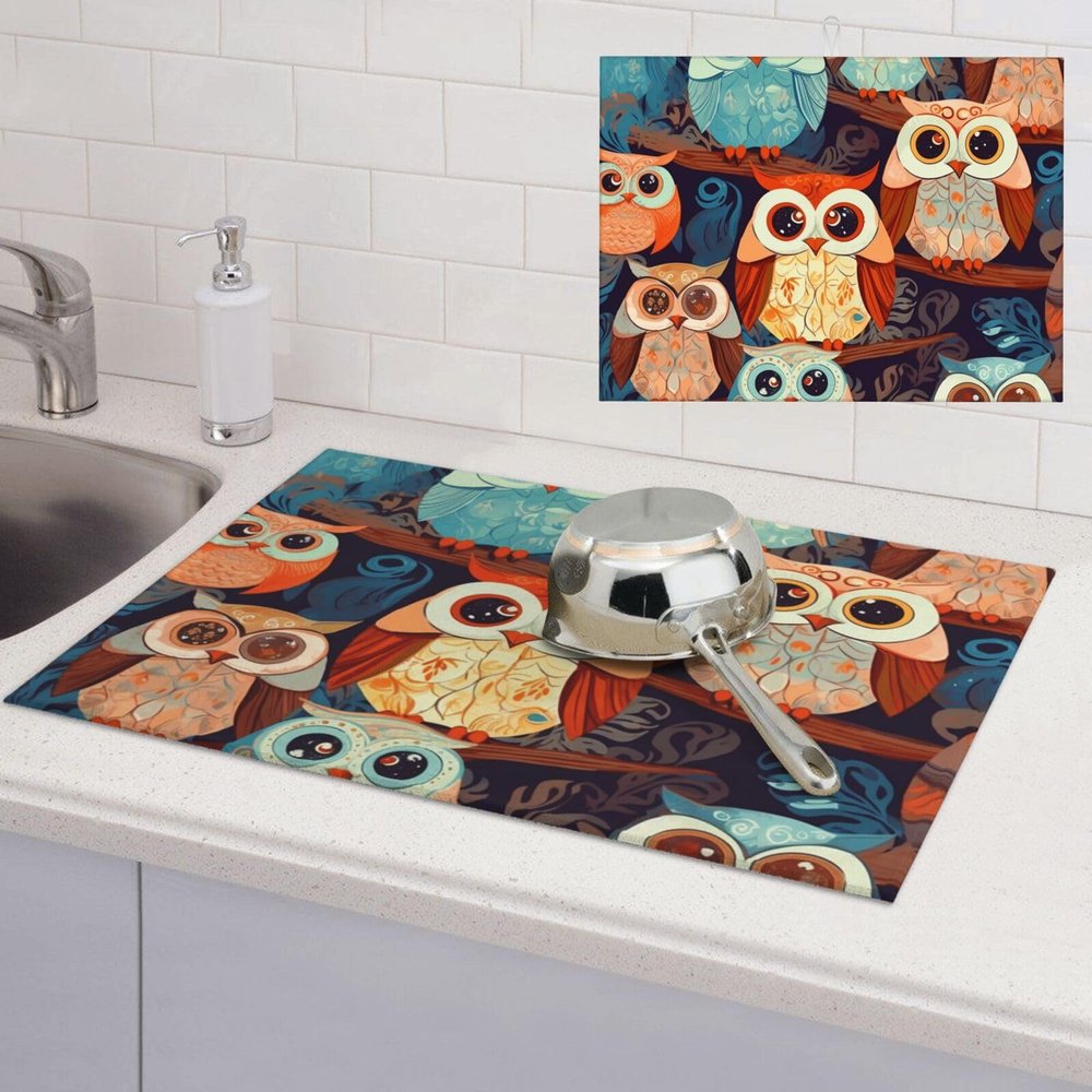 Anime Owl Dish Drying Mat for Kitchen 18x24 inch Dish Drying Mats Super Absorbent Drying Mat for Kitchen Counter Drainer Mat Non-slip Coffee Mat Easy to Clean Kitchen Drying Mat