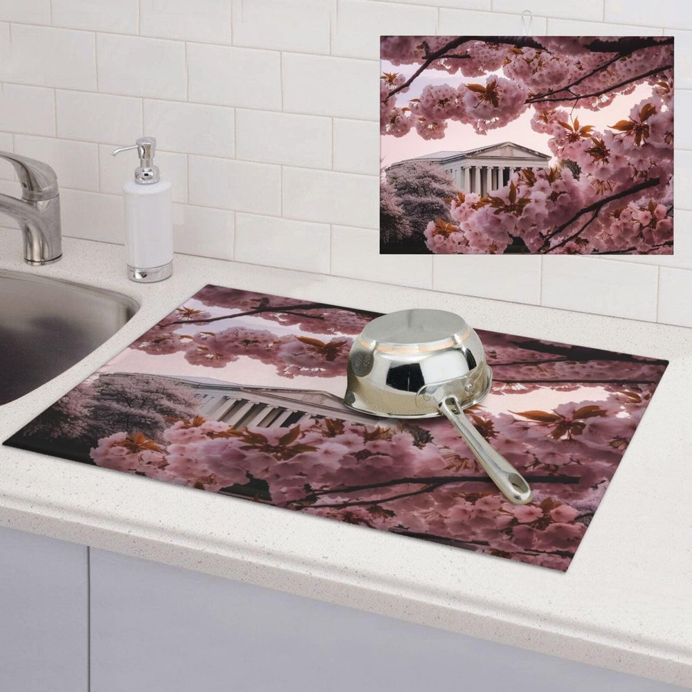Cherry Blossoms Dish Drying Mat for Kitchen 18x24 inch Dish Drying Mats Super Absorbent Drying Mat for Kitchen Counter Drainer Mat Non-slip Coffee Mat Easy to Clean Kitchen Drying Mat