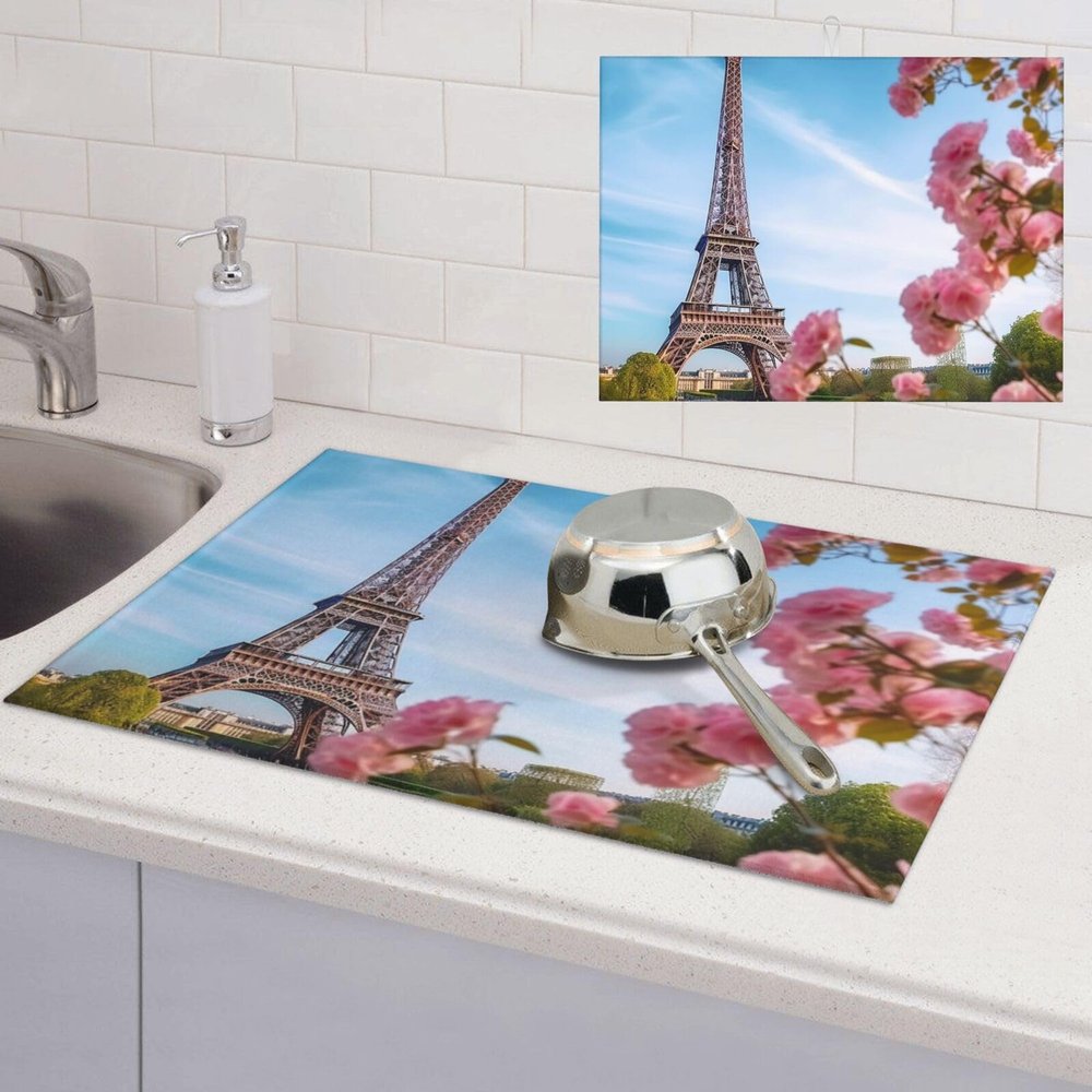 Paris eiffel tower flowers Dish Drying Mat for Kitchen 18x24 inch Dish Drying Mats Super Absorbent Drying Mat for Kitchen Counter Drainer Mat Non-slip Coffee Mat Easy to Clean Kitchen Drying Mat