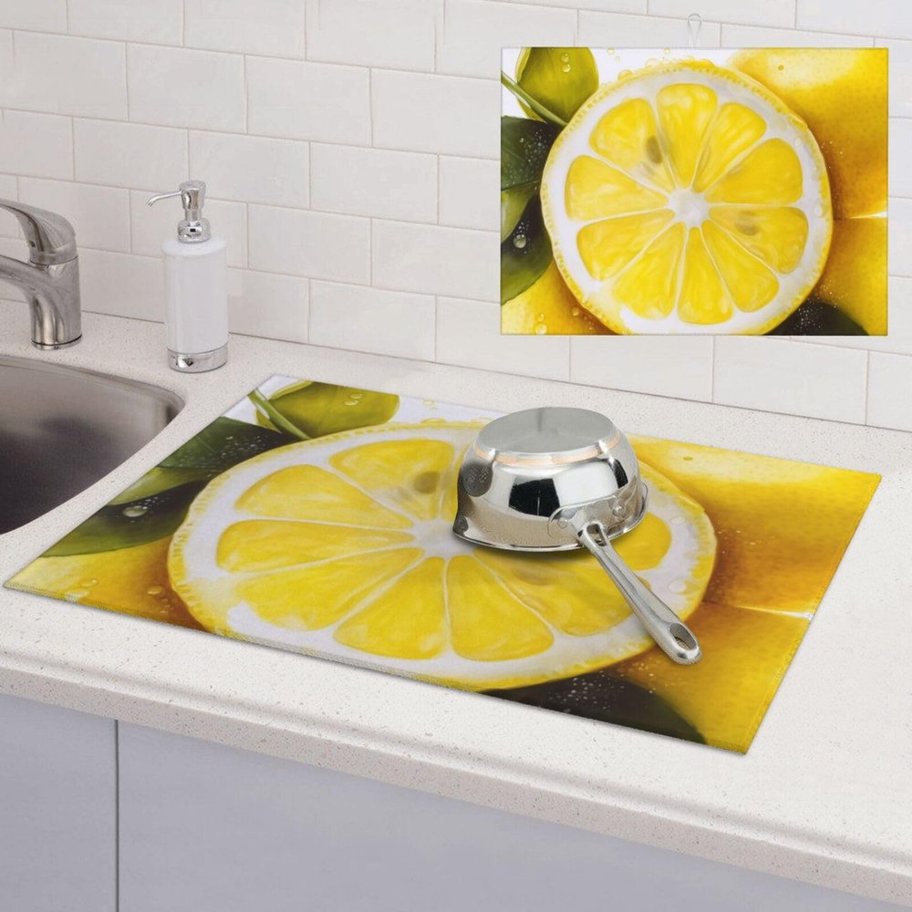Yellow Lemon Dish Drying Mat for Kitchen 18x24 inch Dish Drying Mats Super Absorbent Drying Mat for Kitchen Counter Drainer Mat Non-slip Coffee Mat Easy to Clean Kitchen Drying Mat