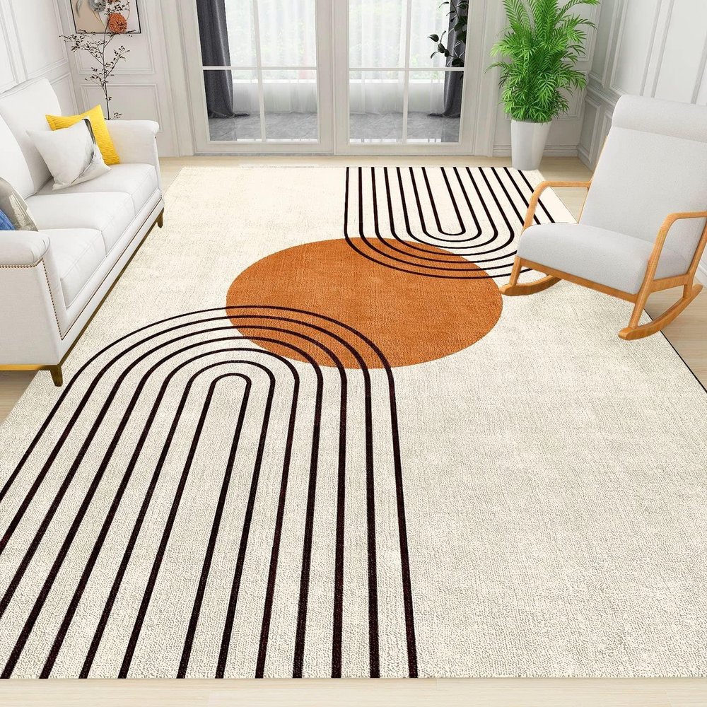 Abstract Nordic Boho Sun Area Rug, Modern Mid-Century Geometry Indoor Rug, Non-Slip Washable Easy Clean Low Pile Foldable Festival Decor Carpet for Bedroom Living Room Nursery Entryway 3x4ft