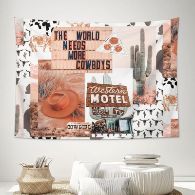 Vintage Western Cowboy Tapestry Funny Riding Horse Desert Cactus Farmhouse Tapestries Wall Hanging Tapestries Aesthetic Banner For Teen Girl Bedroom College Dorm Home Living Room Party Decor 29X37 In