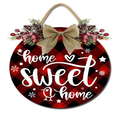 Ymaotrade Christmas Home Sweet Home Wreath Red Buffalo Plaid Xmas Welcome Door Sign for Front Door Decoration Winter Door Sign Welcome Wood Wreaths for Porch Window Decor 12inch