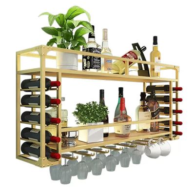 2 Tier Wall Mounted Wine Rack with Glass Holder,Metal Wine Bottle Shelf,Bar Floating Shelves,Multi Functional Wine Storage Display Rack for Home Bar Dining Room Kitchen (Color : Gold, Size : 80cm)