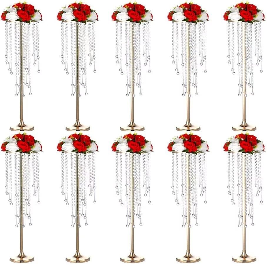 10pcs Home Decoration Flower Centerpieces, Acrylic Crystal Wedding Road-Leading Vases, Gold Wedding Decor Vase Centerpieces, Wedding Flower Vases, Metal Crystal Flower Vases (70 cm)