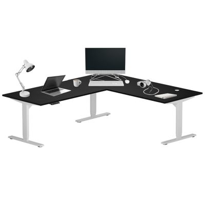 Progressive Desk Height Adjustable Electric Standing Desk - L Shaped 78" x 72" Corner 3 Stage Executive Table Stand Up Rising Workstation - Ebony Oak Top, White Frame