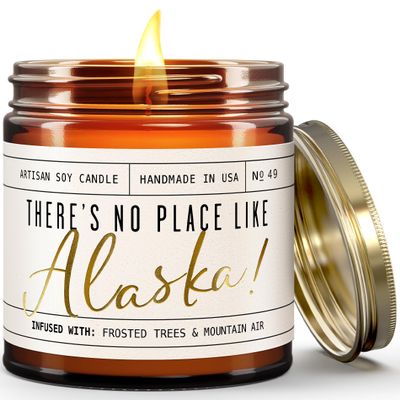 Alaska Gifts, Alaska Decor for Home - 'There's No Place Like Alaska Candle, w/Frosted Trees & Mountain Air I Alaska Souvenirs I Alaska State Gifts I 9oz Jar, 50Hr Burn, USA Made