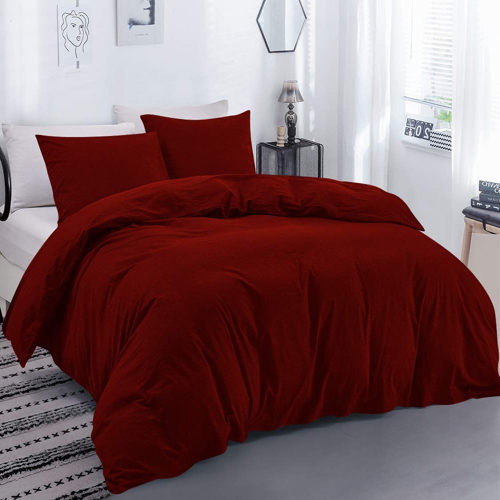 Rich Home 3 Piece Cotton Duvet Cover Super King 120 x120 Burgundy Solid Duvet Cover Set Zipper & Closure