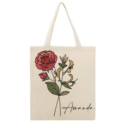 Bridesmaid Tote Bags with Birth Flower Custom Name Canvas Tote Bag Floral Art Grocery Shopping Eco Friendly Bags Casual Book Bag Custom Birthday Gift for Her, Mom, Best Friend