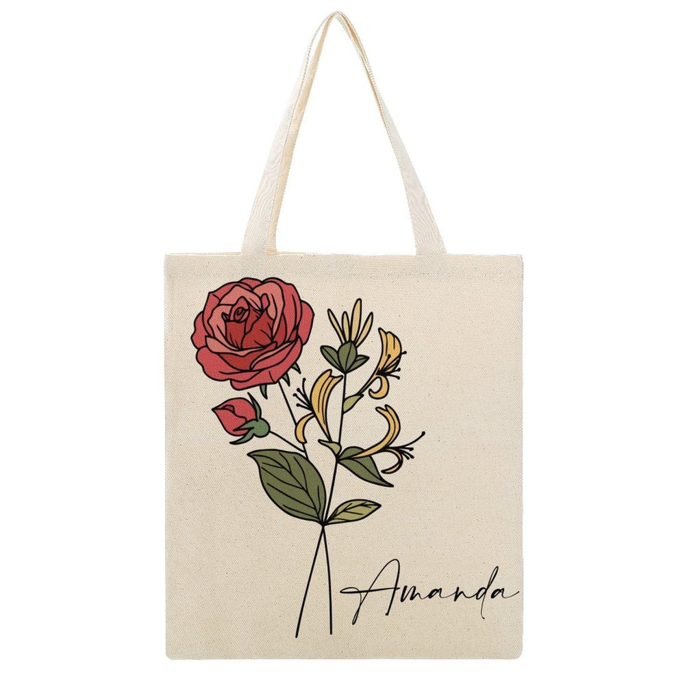 Bridesmaid Tote Bags with Birth Flower Custom Name Canvas Tote Bag Floral Art Grocery Shopping Eco Friendly Bags Casual Book Bag Custom Birthday Gift for Her, Mom, Best Friend