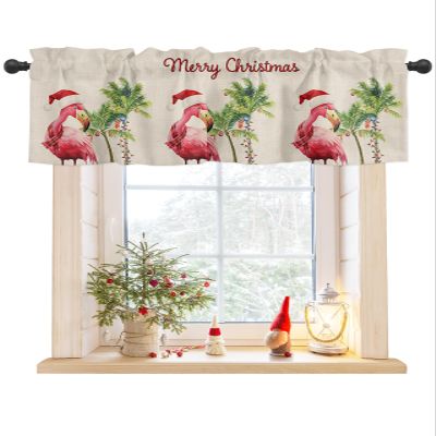 Anzona Curtain Valance 42" x 12", Christmas Flamingos Window Valances Rod Pocket Curtains Drapes, Xmas Balls Tree Rustic Short Topper Curtain for Kitchen Cafe Living Room, 1 Panel
