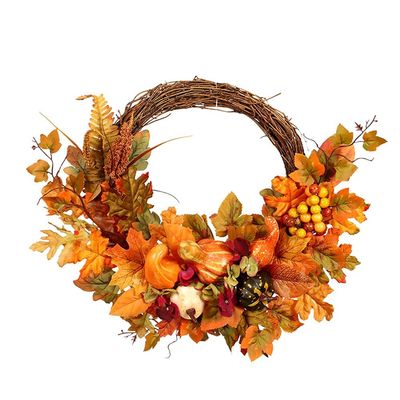 BEIJIALY Artificial Fall Wreath, Artificial Maple Leaf and Pumpkins Wreaths, Maple Leaf Garland Door Hanging Wreath Autumn Harvest Wreath for Thanksgiving Halloween Decor(Photo Color)