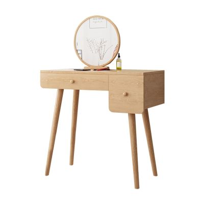 FEELIN Makeup Vanity Vanity Table with Round Mirror, Makeup Vanity Table, Wood Makeup Dressing Table Desk, 2 Drawers for Bedroom Vanities for Makeup
