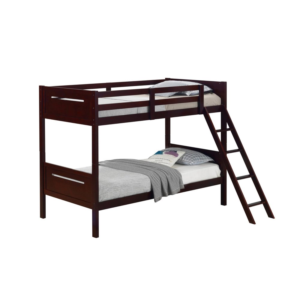 Benjara Amey Wood Twin Bunk Bed with Angled Ladder, Guardrail, Slat Kit, Brown