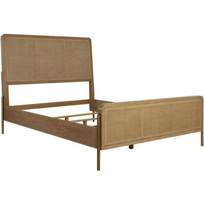 Benjara BM302724 Sea Wood Queen Size Bed with Woven Cane Design Open Panel & 4 Slats Brown
