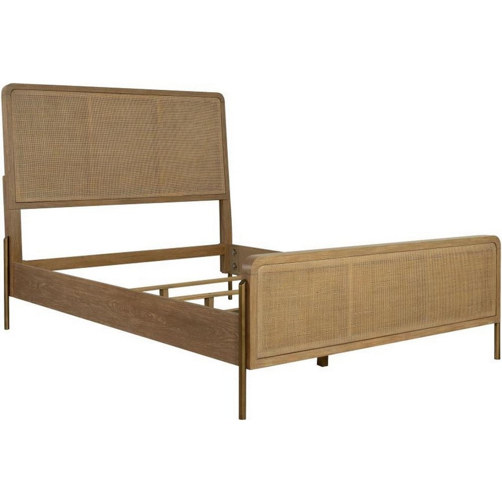 Benjara BM302724 Sea Wood Queen Size Bed with Woven Cane Design Open Panel & 4 Slats Brown