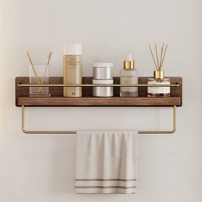BAHELS Shower Caddy Bathroom Solid Wood Shelf, Bathroom Towel Rack, Washstand Wall-Mounted Cosmetic Storage Shelf Bathroom Organizer (Size : 45CM with Towel bar)