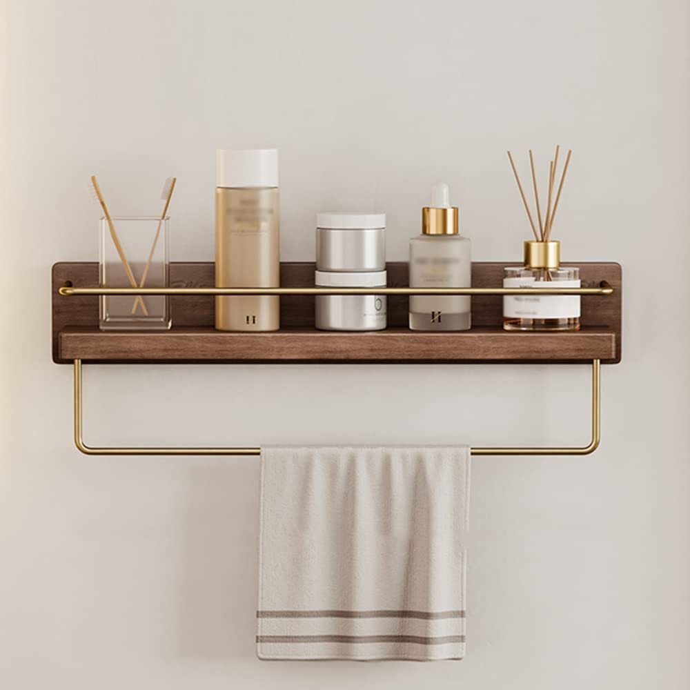 BAHELS Shower Caddy Bathroom Solid Wood Shelf, Bathroom Towel Rack, Washstand Wall-Mounted Cosmetic Storage Shelf Bathroom Organizer (Size : 45CM with Towel bar)