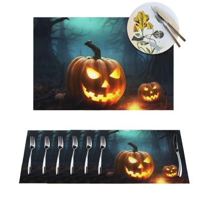 LZQPOEAS Placemats 4 PCS Happy Halloween Pumpkins Print PVC Placemats for Dining Table Heat Resistant Non-Slip Place Mats Woven Table Mats Washable Woven Place Mats for Kitchen 12 18 inch