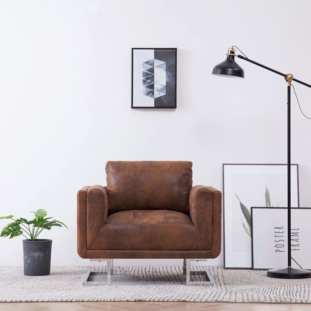 VRAXO Cube Armchair Brown Faux Suede Leather,Armchairs, Recliners & Sleeper Chairs-36.74lbs