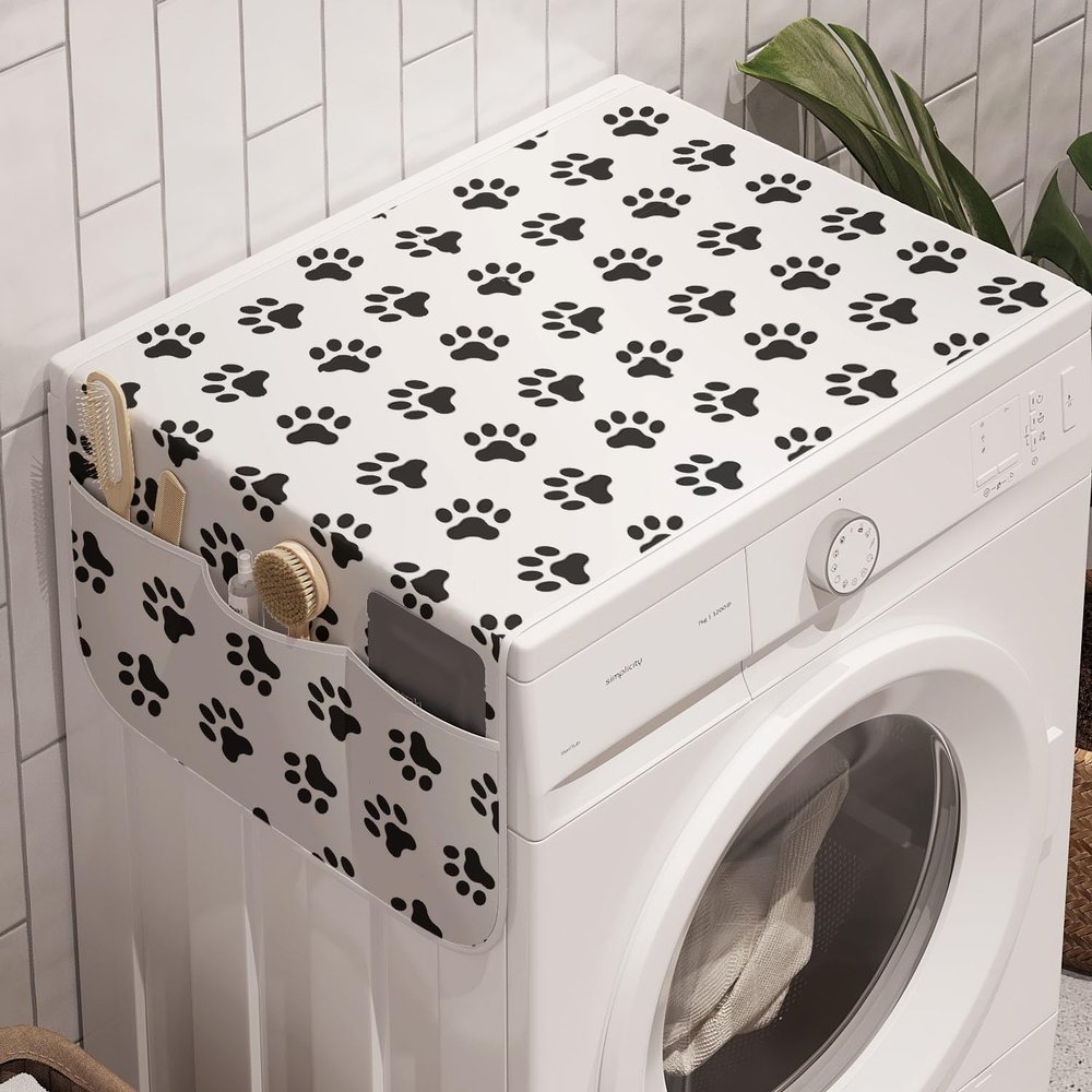 Ambesonne Paw Print Washing Machine Organizer Pack of 2, Puppy Kitten Dog and Cat Themed Repetitive Pet Foot's Stains Concept, Anti-Slip Cover for Washers Dryers, 47" x 18.5", Grey White