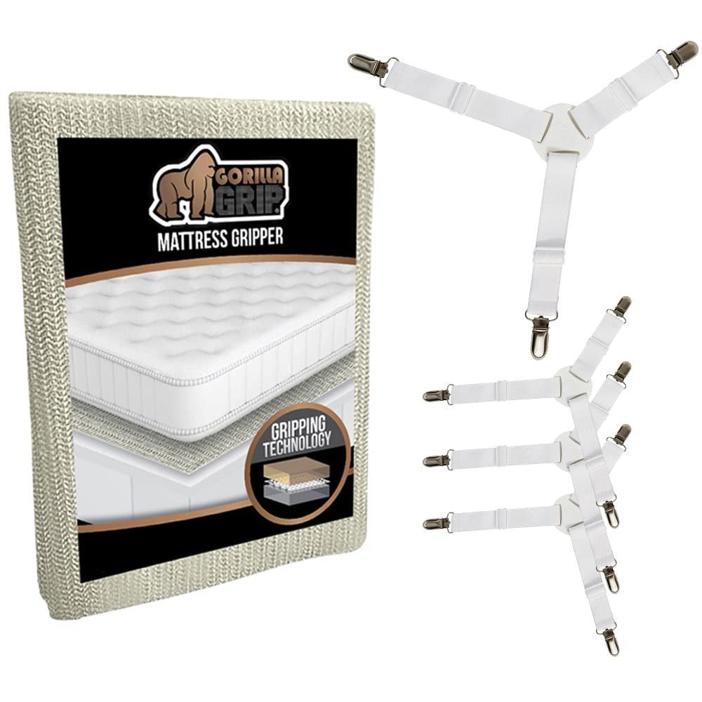 Gorilla Grip Original Mattress Slide Stopper and Gripper and Nonslip Bed Sheet Straps 4 Pack, Mattress Gripper Size Queen, Easy Trim, Sheet Straps in White, Easy Install, 2 Item Bundle