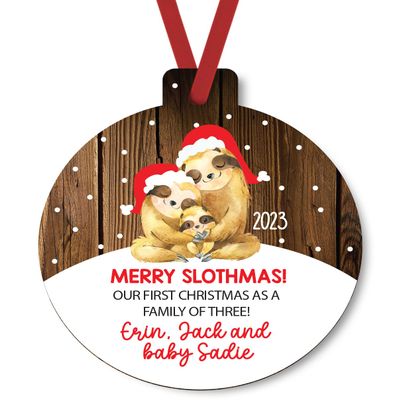 2023 First Christmas as a Family of 3 Personalized Christmas Ornament, Santa Hat Wearing Sloth Family to Showcase A New Baby Addition. Double Sided Shatterproof Ornament By Tickle Bellies