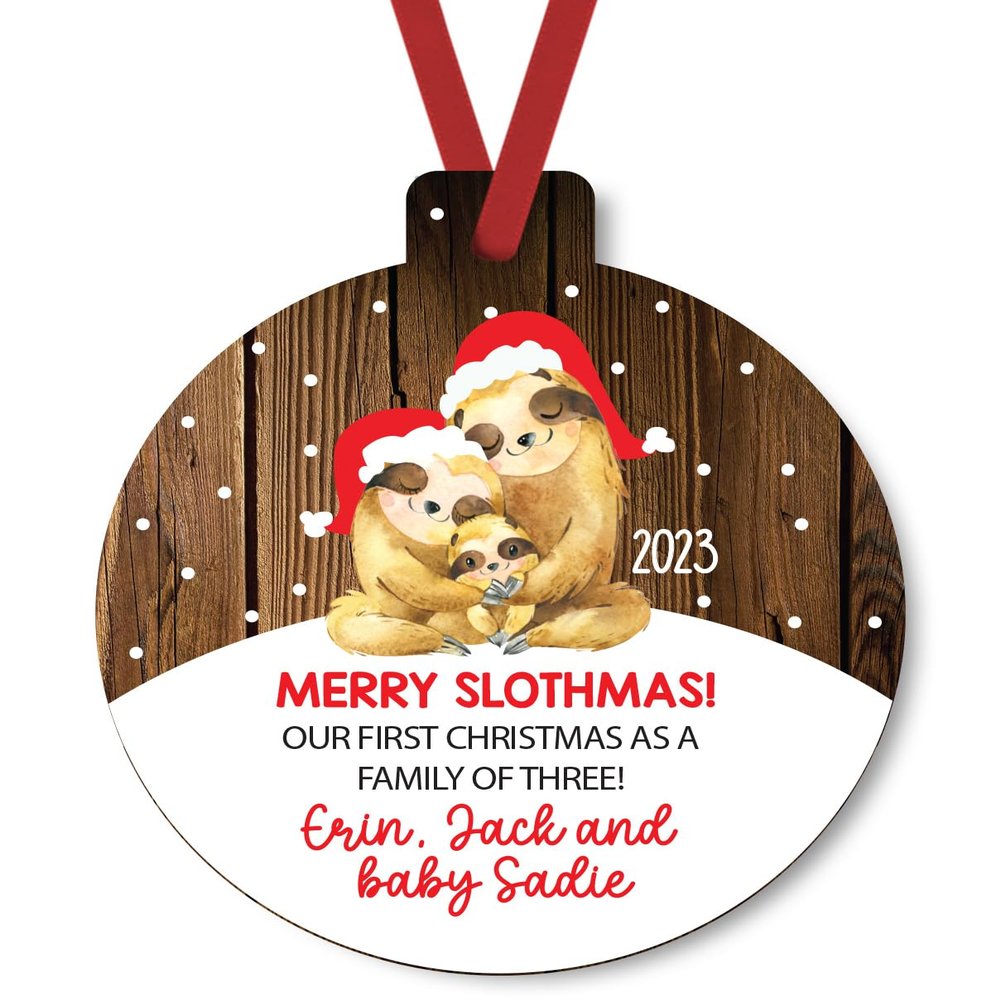 2023 First Christmas as a Family of 3 Personalized Christmas Ornament, Santa Hat Wearing Sloth Family to Showcase A New Baby Addition. Double Sided Shatterproof Ornament By Tickle Bellies