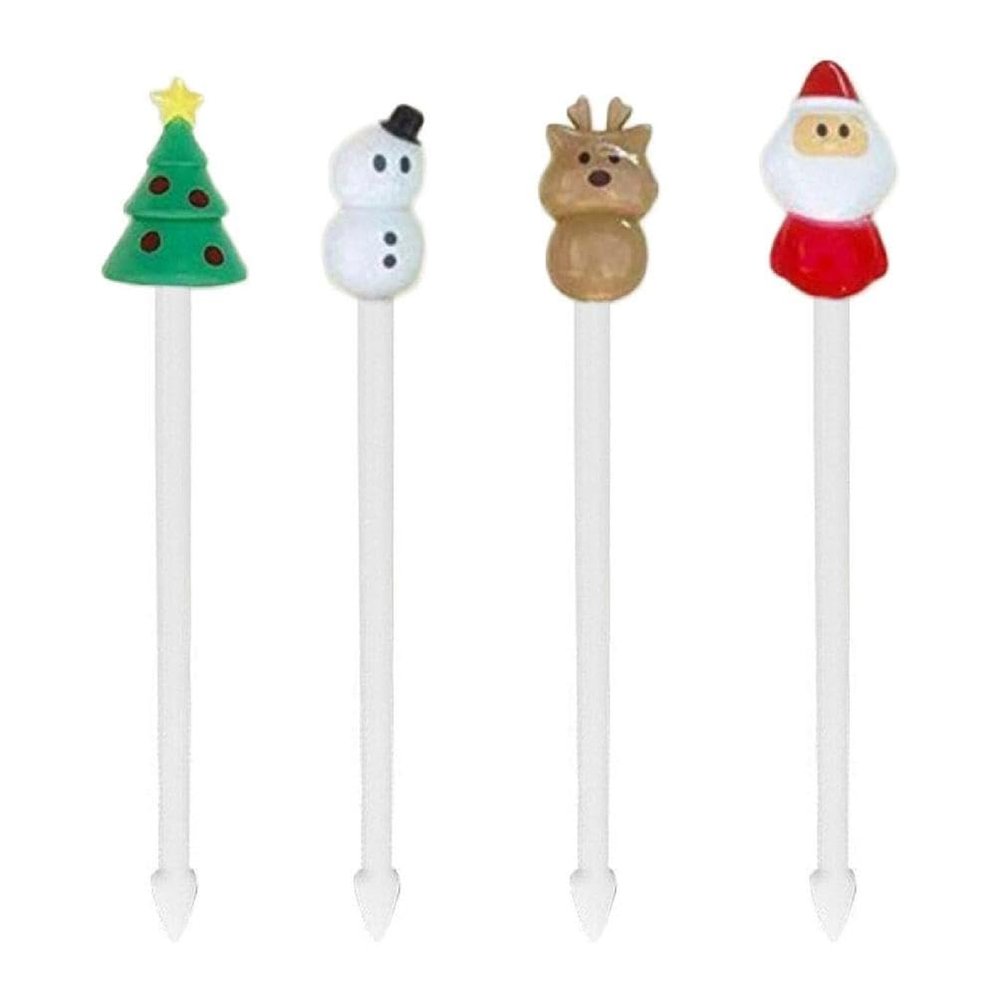 4Pcs Kids Food Sign Set Christmas Fruit Fork Set For Cake Cartoon Animal Dessert Fruit Picks Unique Lunch Box Toothpicks Christmas Fruit Sign Cake Dessert Pastry Party Supply