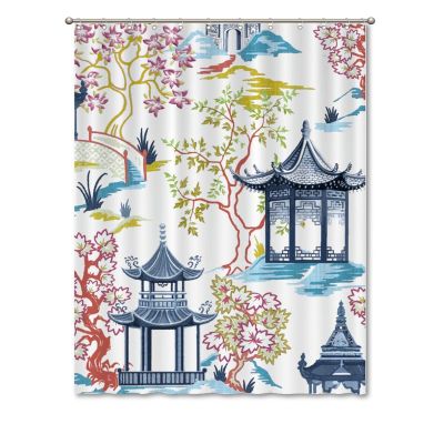 Yinrune White Coral Blue Pagoda Shower Curtain Set with Hooks Chinoiserie Style Shower Curtain Asian Inspired Bathroom Curtains Bathroom Decor Polyester Fabric Shower Curtains with Holes
