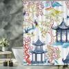 Yinrune White Coral Blue Pagoda Shower Curtain Set with Hooks Chinoiserie Style Shower Curtain Asian Inspired Bathroom Curtains Bathroom Decor Polyester Fabric Shower Curtains with Holes view 3