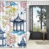 Yinrune White Coral Blue Pagoda Shower Curtain Set with Hooks Chinoiserie Style Shower Curtain Asian Inspired Bathroom Curtains Bathroom Decor Polyester Fabric Shower Curtains with Holes view 4