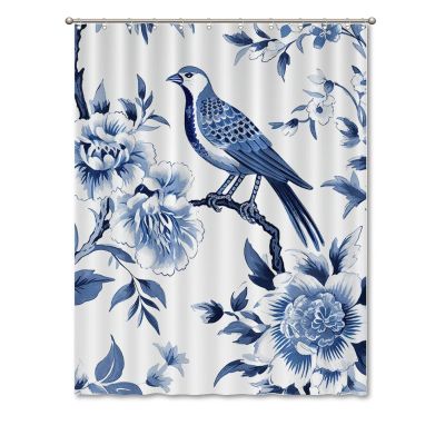 Yinrune Indigo Blue Shower Curtains for Bathroom Bird Floral Chinoiserie Asian Inspired Bath Curtains Modern Shower Curtain 72x90in Bath Curtains Polyester Fabric Shower Curtain Set with Hooks