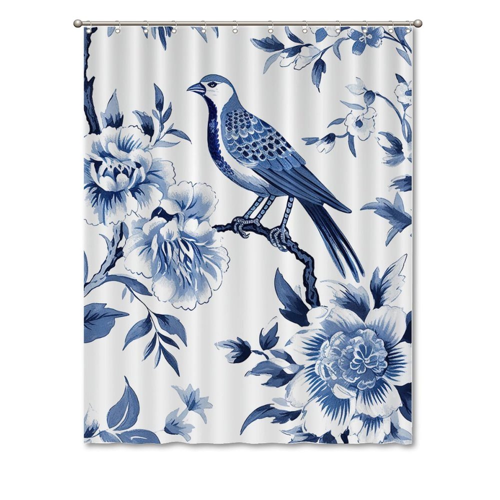 Yinrune Indigo Blue Shower Curtains for Bathroom Bird Floral Chinoiserie Asian Inspired Bath Curtains Modern Shower Curtain 72x90in Bath Curtains Polyester Fabric Shower Curtain Set with Hooks