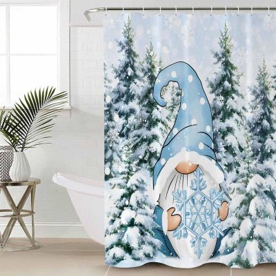 ChristmasShower Curtain Set with Hook 54" x 78", Washable Cloth Polyester Fabric Shower+Curtain, Waterproof Bath Curtains for Bathroom, Showers, Bathtubs Decor Accessories Blue Winter Gnomes Snowflake