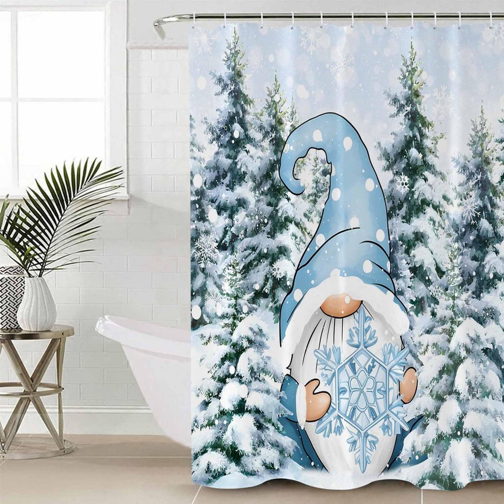 ChristmasShower Curtain Set with Hook 54" x 78", Washable Cloth Polyester Fabric Shower+Curtain, Waterproof Bath Curtains for Bathroom, Showers, Bathtubs Decor Accessories Blue Winter Gnomes Snowflake