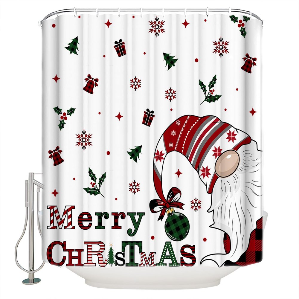 Christmas Gnomes Shower Curtain Set with Hook 72" x 84",Washable Cloth Polyester Fabric Shower+Curtain,Waterproof Bath Curtains for Bathroom,Showers,Bathtubs Decor Buffalo Plaid Pine Leaves