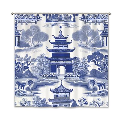 Yinrune Blue and White Pagoda Shower Curtain Set With Hooks - Chinoiserie Style Asian Inspired Bathroom Decor - Polyester Fabric