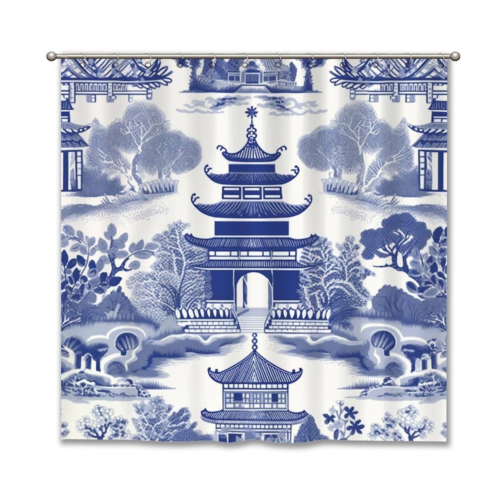 Yinrune Blue and White Pagoda Shower Curtain Set With Hooks - Chinoiserie Style Asian Inspired Bathroom Decor - Polyester Fabric