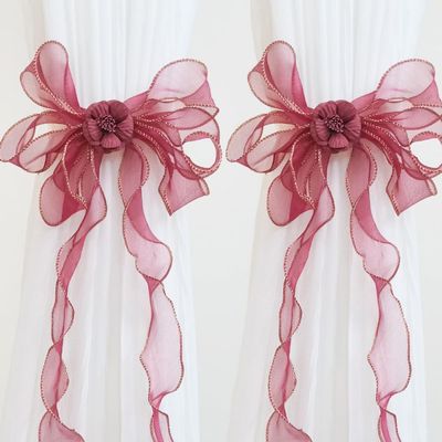 qbodp 2 Pack Curtain Tiebacks Flower Bow Tie Backs for Drapes, Elegant Curtain Holdbacks Home Decor Curtain Ties for Girl Room, Dark Red